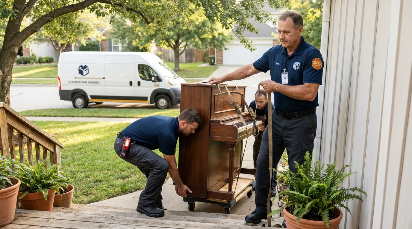 Licensed piano movers securing grand piano in Dixon, CA