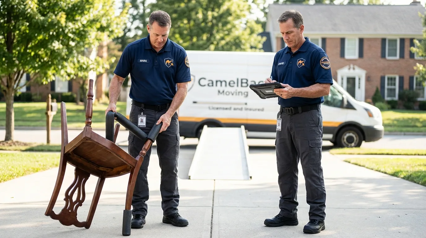 Movers inspecting furniture for damage prevention before loading in Dixon, CA